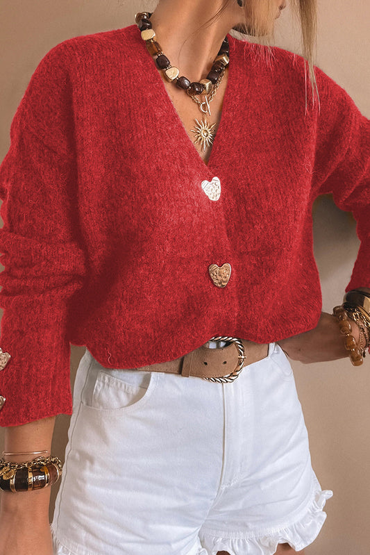 Heart Metal Button V Neck Cardigan Sweater