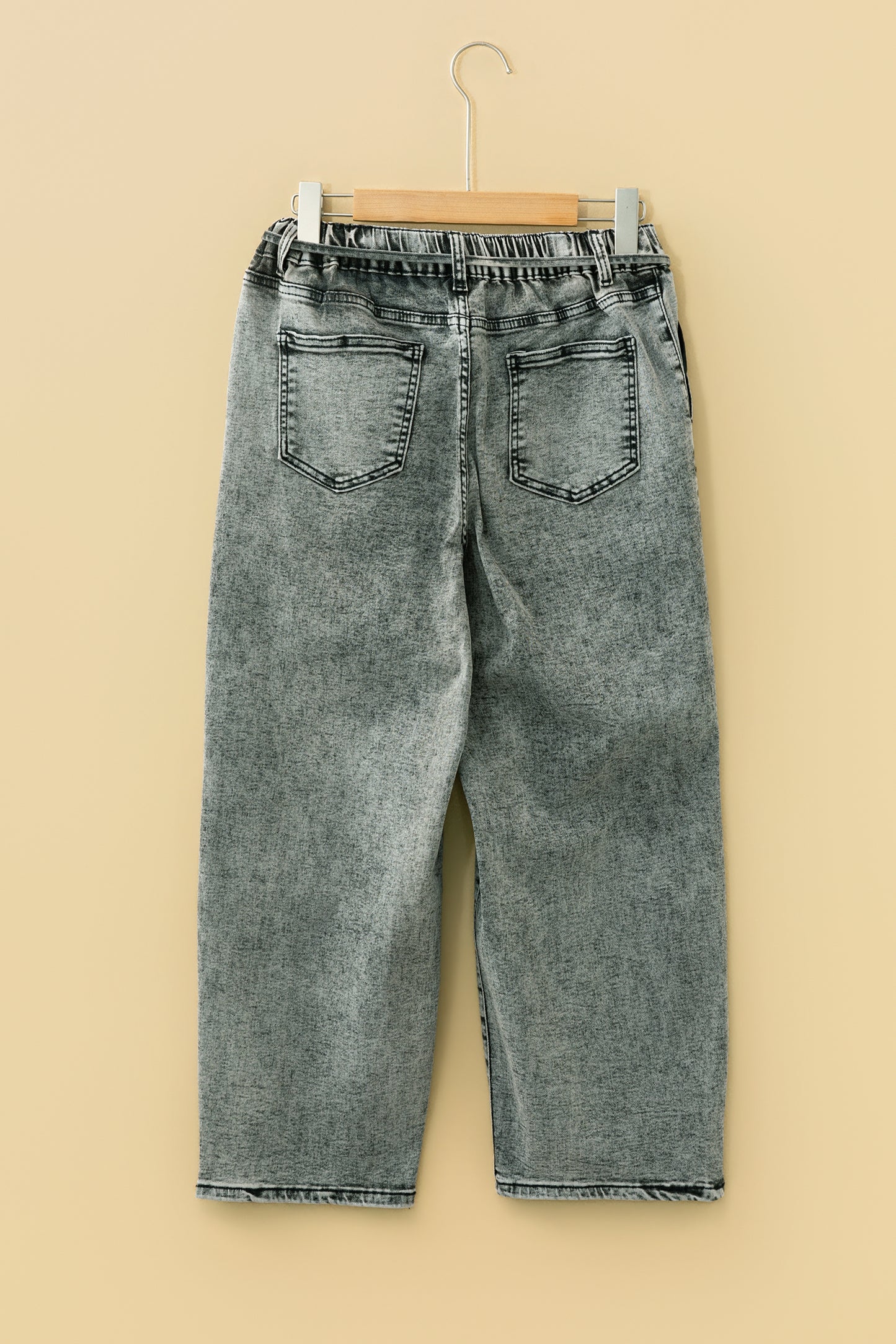 Gray Acid Wash Barrel Fit Denim Pants with Waist String - Cowaa