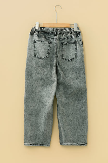 Gray Acid Wash Barrel Fit Denim Pants with Waist String - Cowaa