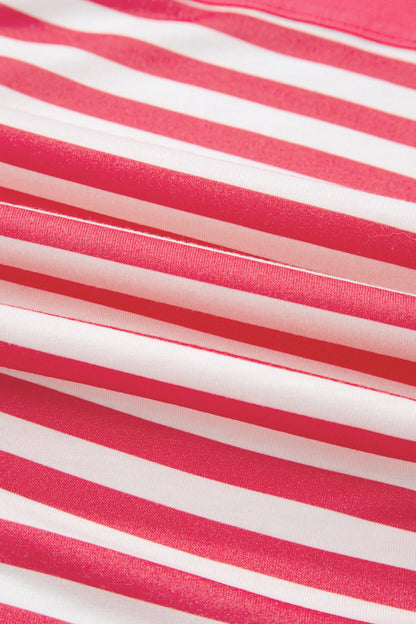 Pink Stripe Color Block Patchwork Drop Shoulder Long Sleeve Tunic Top - Cowaa