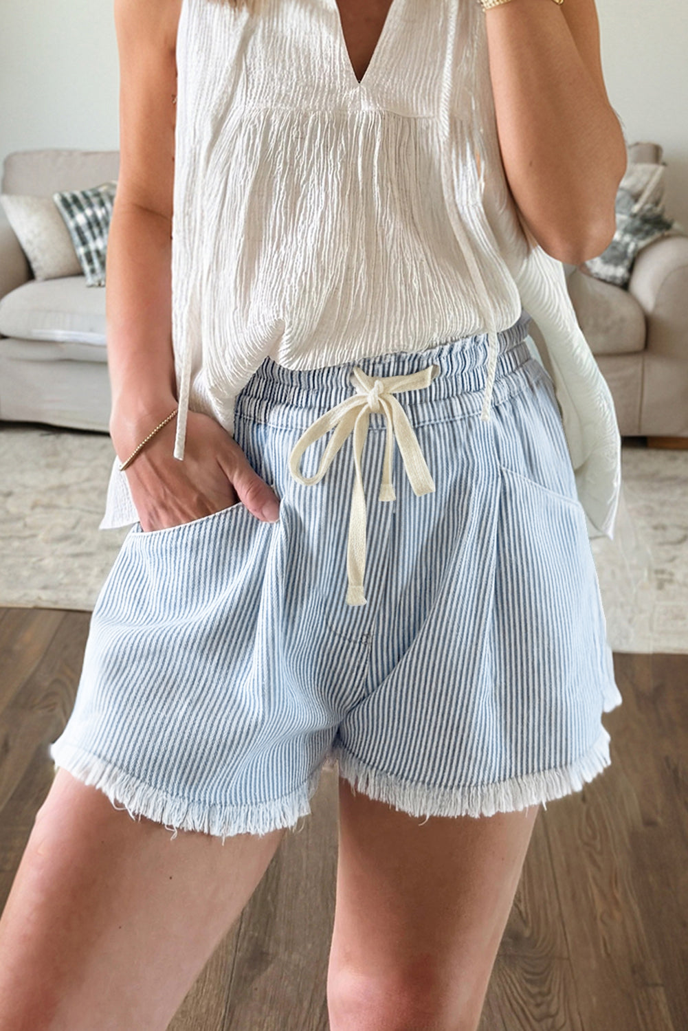 Sky Blue Stripe Raw Edge Drawstring Elastic Waist Casual Denim Shorts - Cowaa