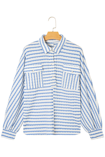 Sky Blue Stripe Half Button Collared Chest Pockets Loose Fit Blouse