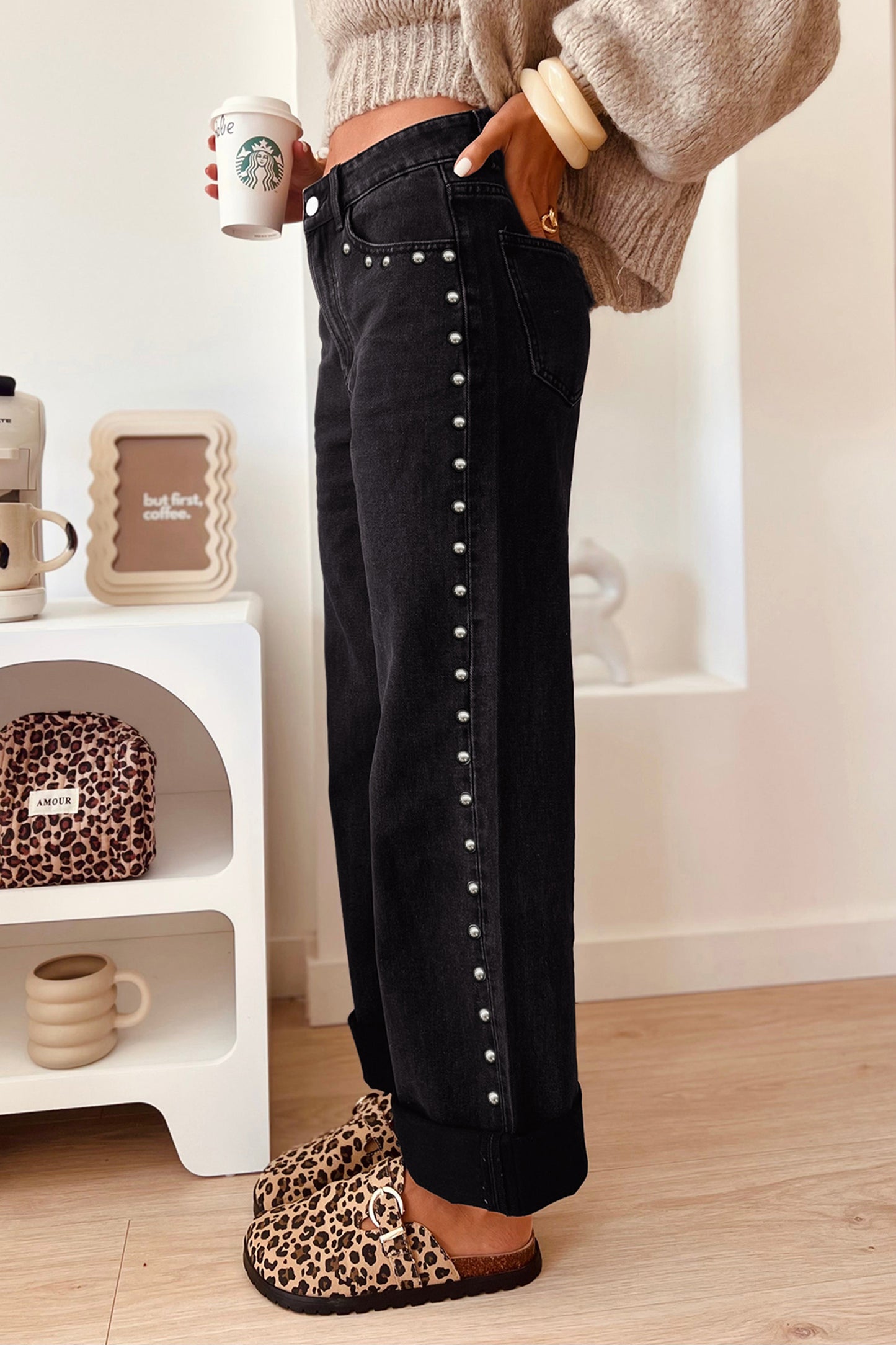 Navy Blue Studded Detail Straight Leg Casual Loose Jeans
