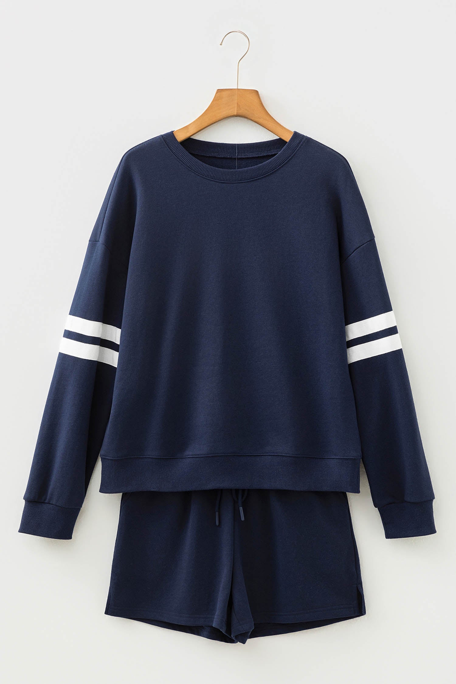Navy Blue Varsity Striped Sleeve Drop Shoulder Sweatshirt and Short Set - Cowaa