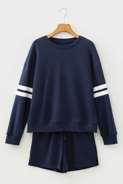 Navy Blue Varsity Striped Sleeve Drop Shoulder Sweatshirt and Short Set - Cowaa
