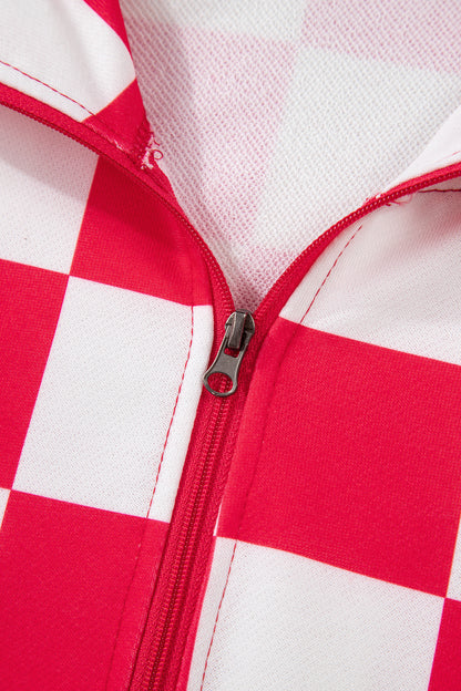 Red Checkered Print Half Zip Hoodie Loose Pant Set