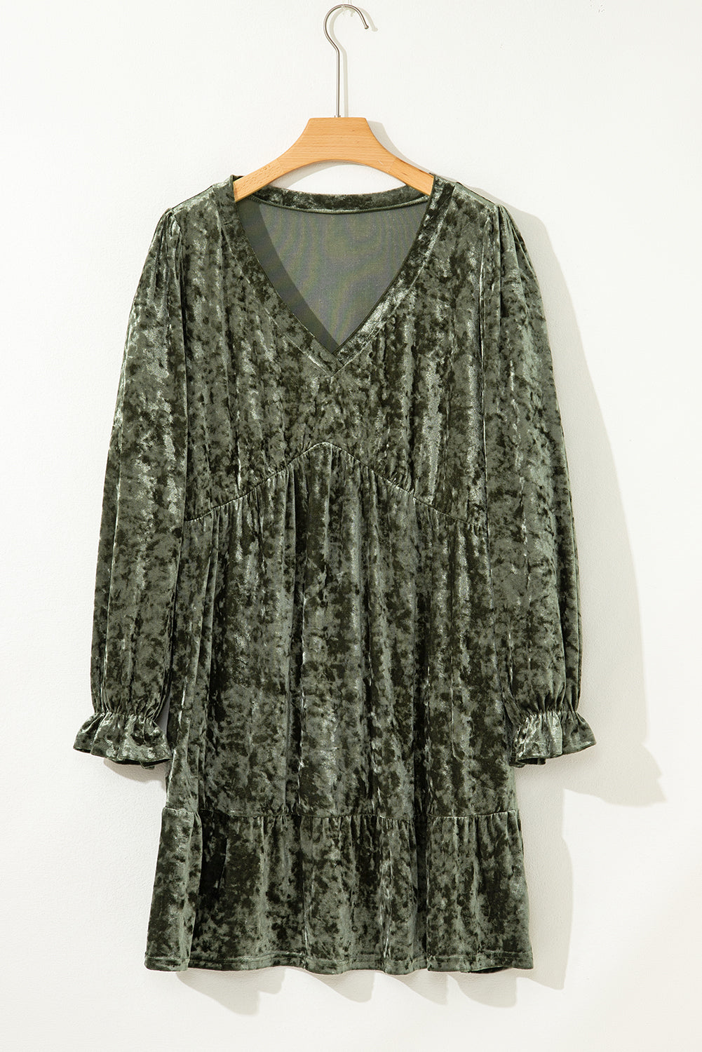 Jungle Green Plus Size Velvet Babydoll Mini Dress with Puff Sleeve - Cowaa