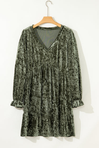 Jungle Green Plus Size Velvet Babydoll Mini Dress with Puff Sleeve - Cowaa