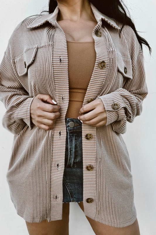 Smoke Gray Solid Corded Drop Shoulder Plus Size Shacket - Cowaa