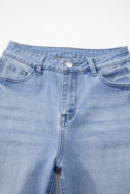 Sail Blue Mineral Wash Raw Hem High Waist Flared Jeans - Cowaa