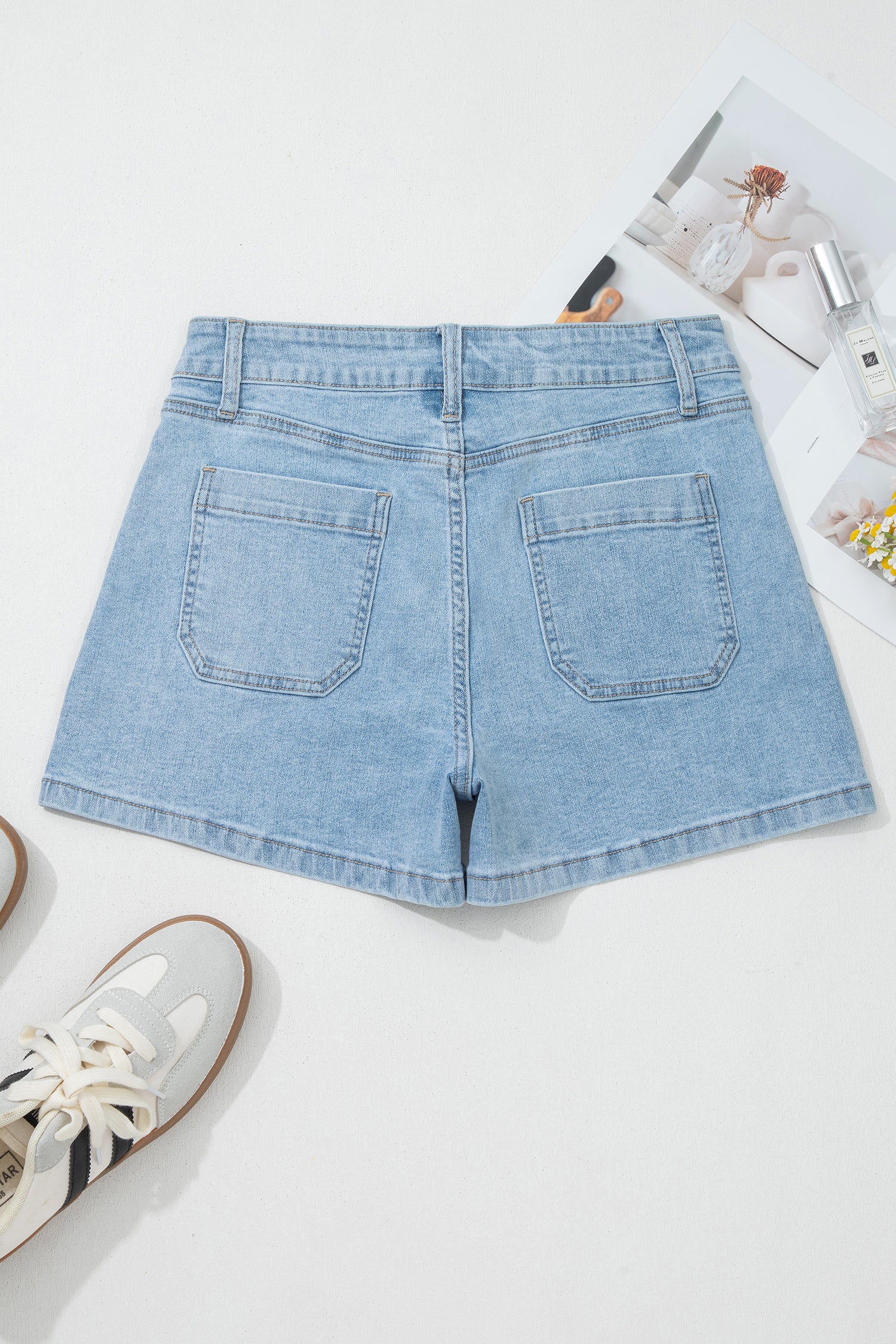 Myosotis High Rise Patch Pocket Denim Shorts - Cowaa