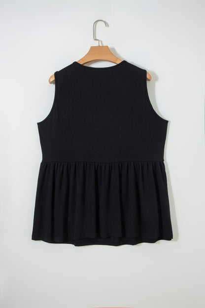 Black Plus Size Solid Color Bow Tie Peplum Tank Top - Cowaa