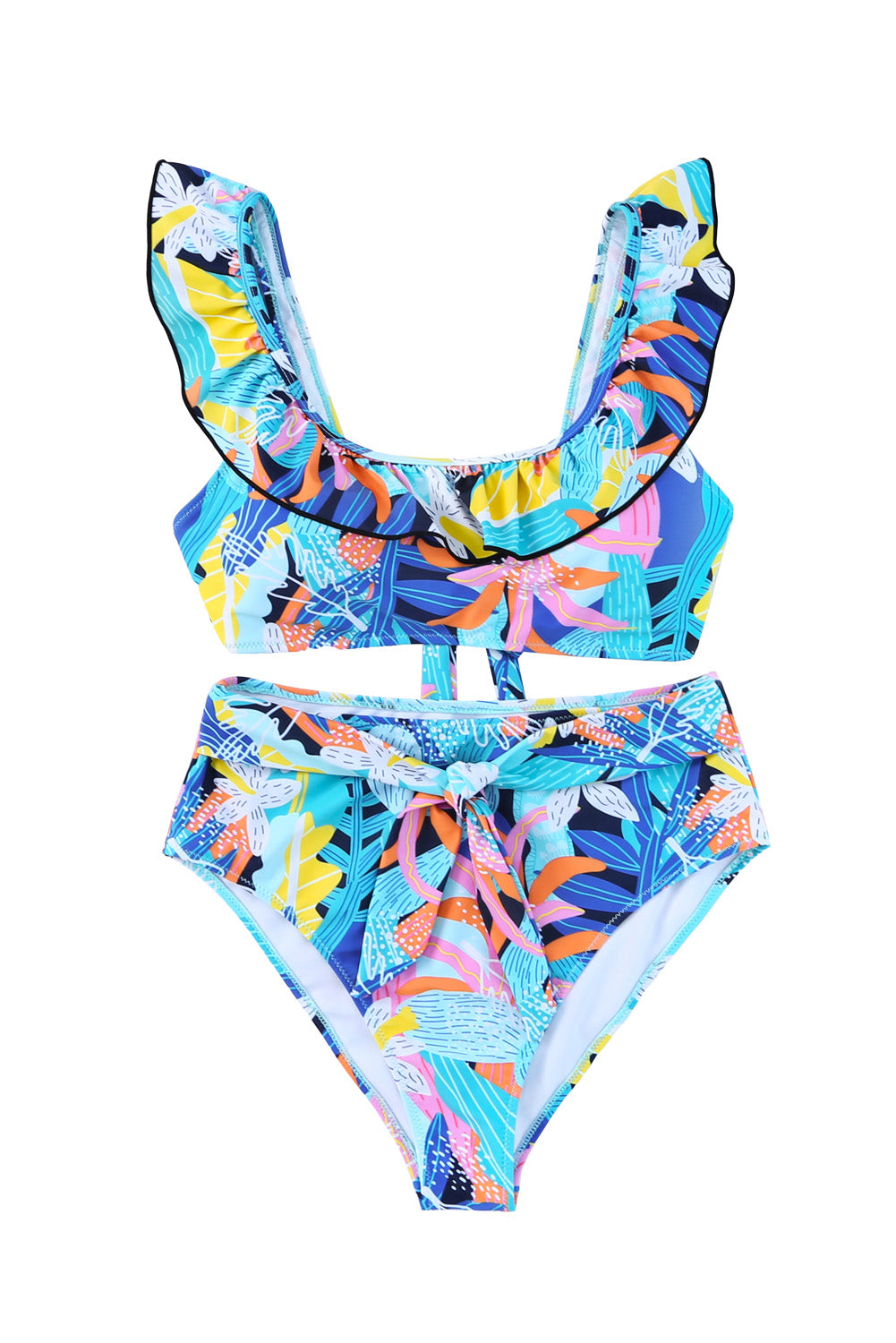 Green Tropical Print Ruffled Square Neck Tie High Waist Swimsuit - Cowaa
