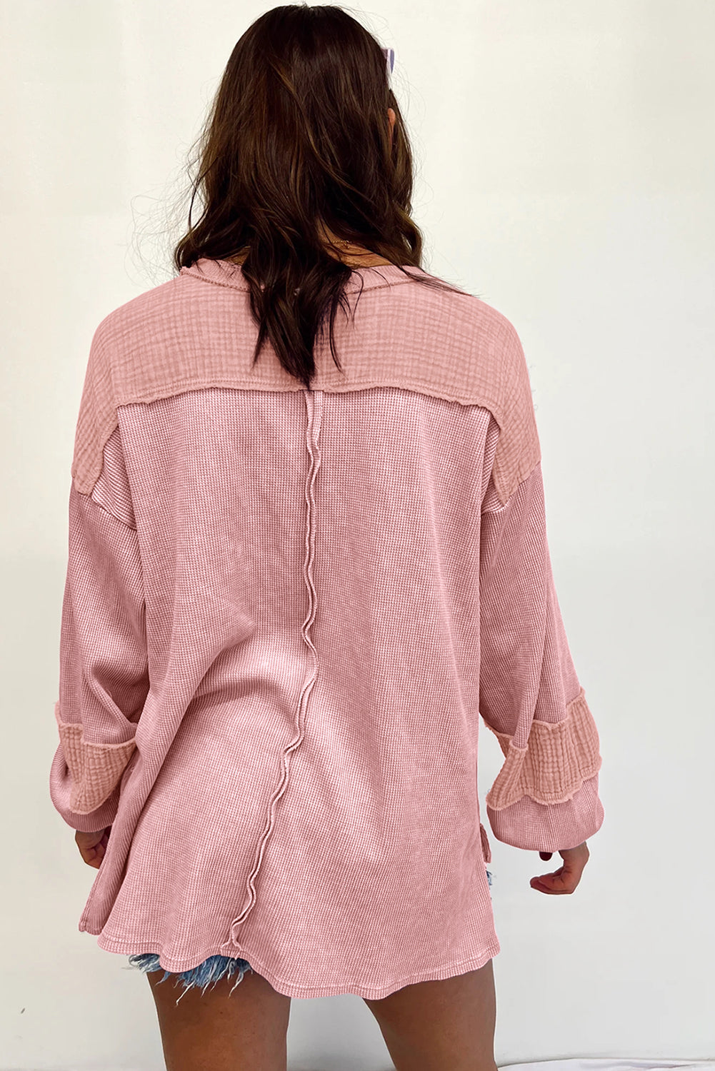 Crinkle Patchwork Long Sleeve Top - Cowaa