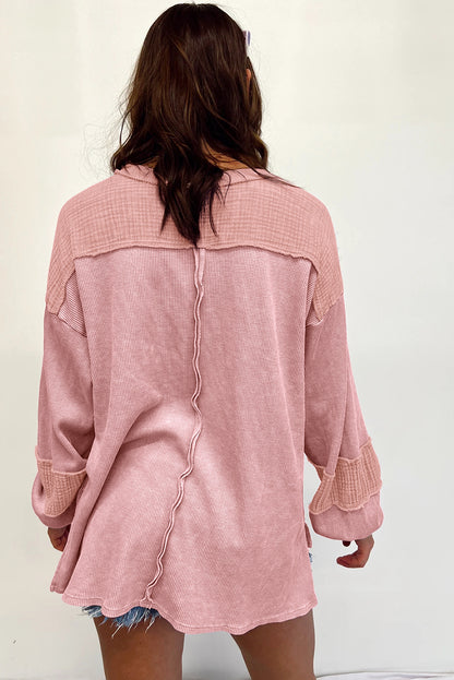 Crinkle Patchwork Long Sleeve Top - Cowaa