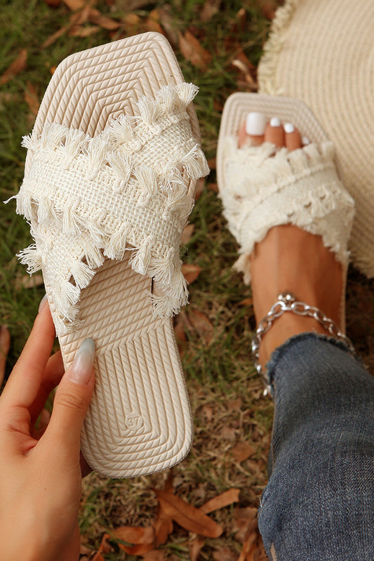 Beige Tassel Woven Crossed Straps Flat Sandels - Cowaa