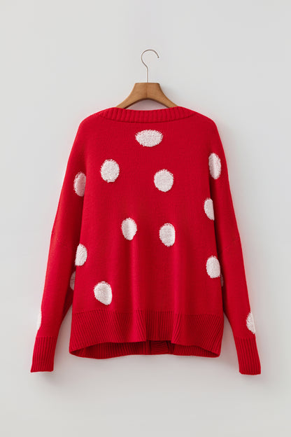 Beige Polka Dot Button Front Oversized V Neck Cardigan