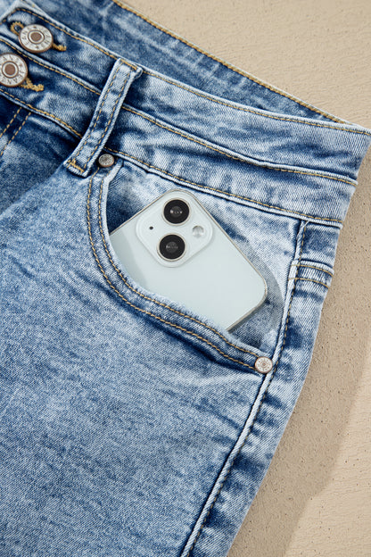 Sail Blue Acid Wash Pocket Detail Flare Jeans