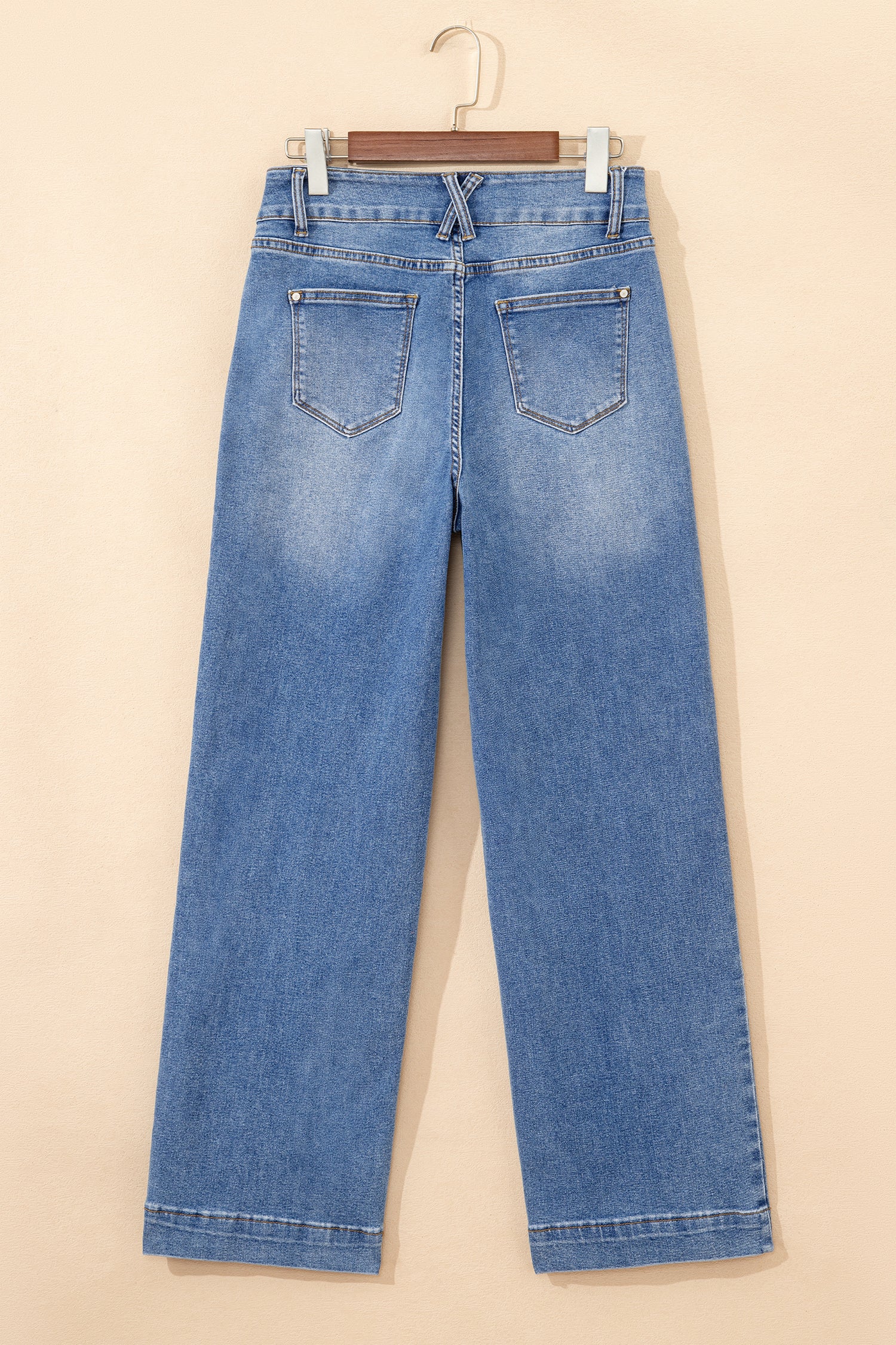 Sky Blue Double Button Zip Fly Straight Leg Jeans - Cowaa