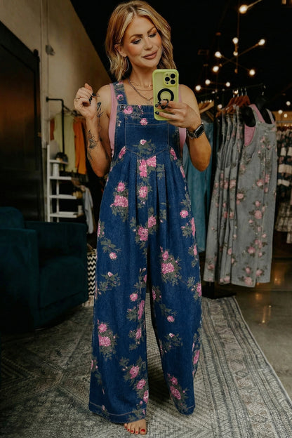 Gray Beau Floral Print Pleated High Waist Wide Leg Denim Jumpsuit