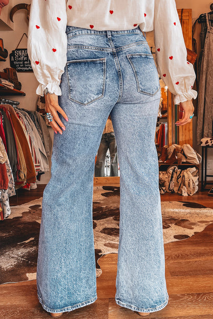 Sail Blue Acid Wash Pocket Detail Flare Jeans