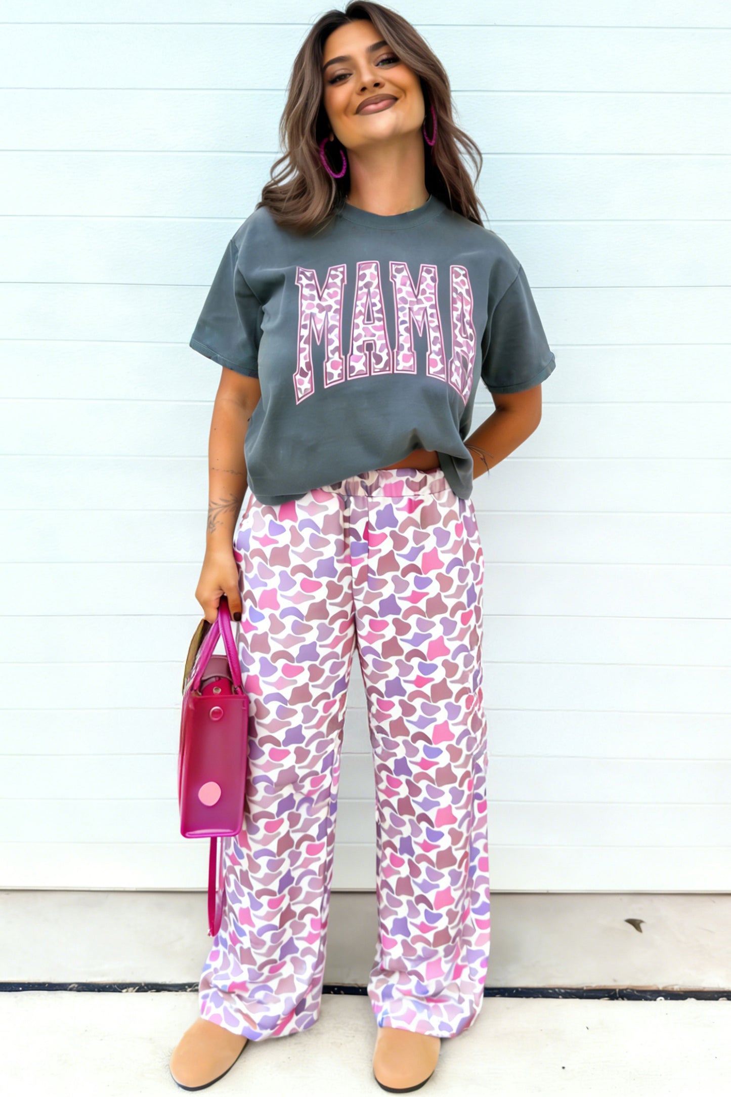 Medium Grey MAMA Letter Graphic Tee Camouflage Print Loose Pant Set - Cowaa