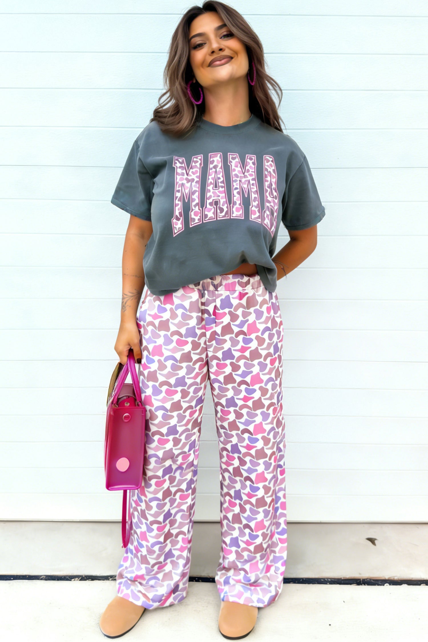 Medium Grey MAMA Letter Graphic Tee Camouflage Print Loose Pant Set - Cowaa