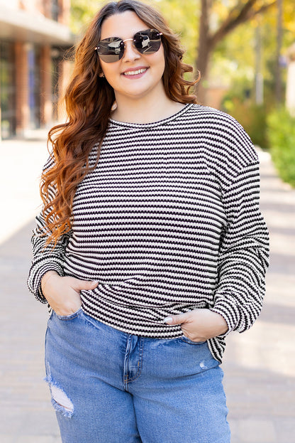 Black Stripe Drop Shoulder Puff Long Sleeve O Neck Plus Size T Shirt - Cowaa