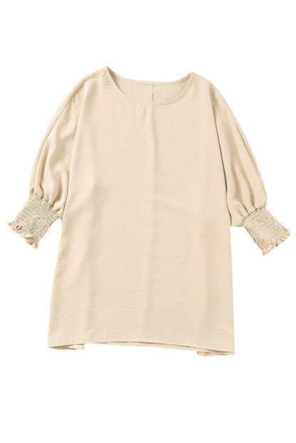 Apricot Solid Casual Smocked Cuffs Batwing Sleeve Blouse - Cowaa
