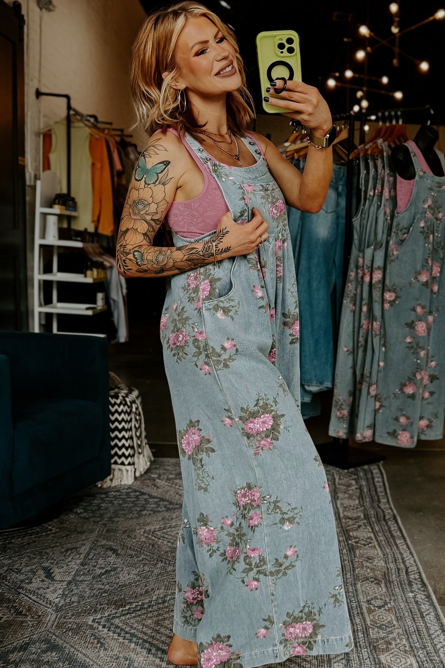 Gray Beau Floral Print Pleated High Waist Wide Leg Denim Jumpsuit