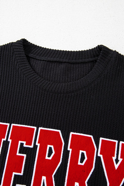 Black Corded MERRY Long Sleeve Top and Shorts Pajama Set - Cowaa