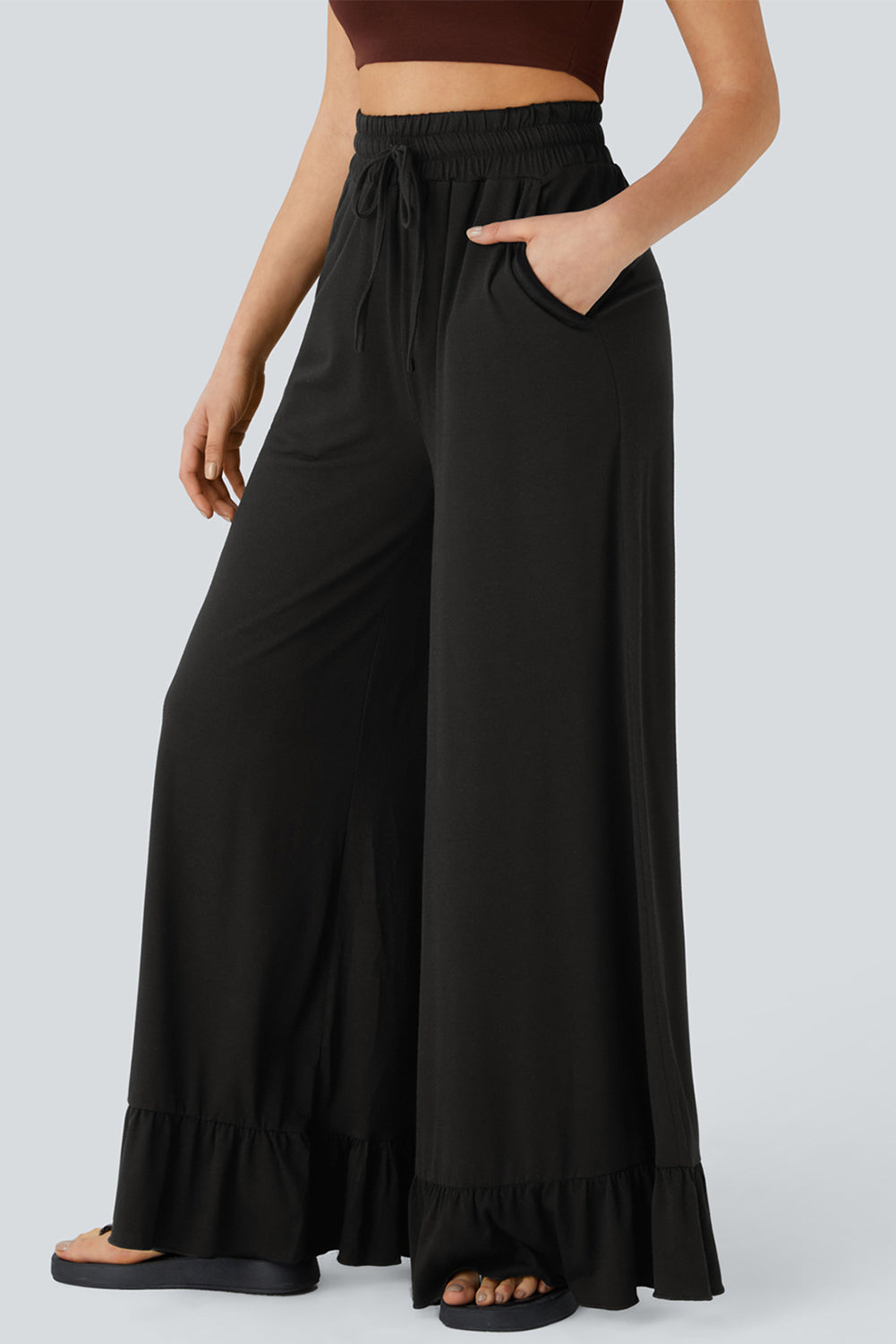 Dune Solid Color Ruffle Hem Wide Leg Pants - Cowaa