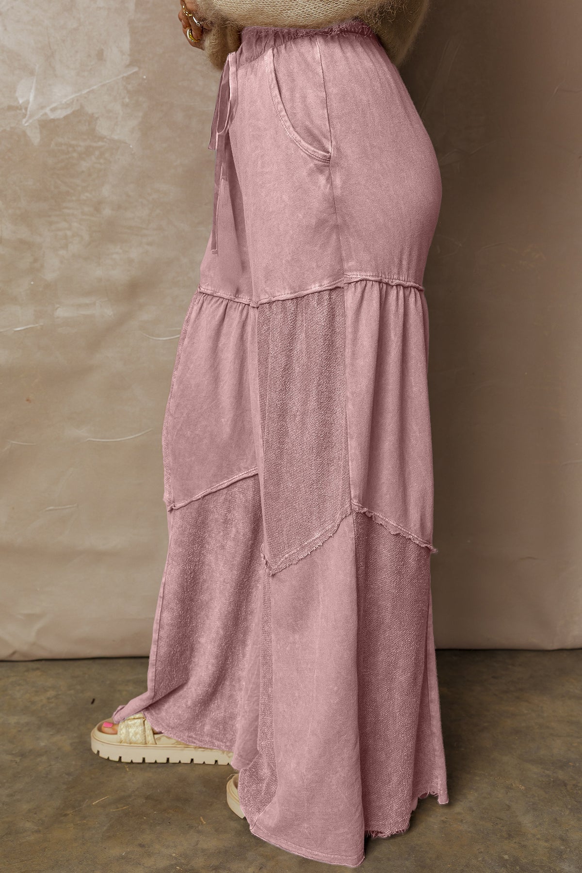 Straw Yellow Mineral Wash Tiered Wide Leg Patchwork Drawstring Pants - Cowaa