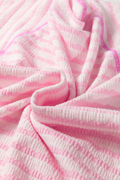 Pink Stripe Textured Knit Split Hem Half Sleeve Loose Top - Cowaa