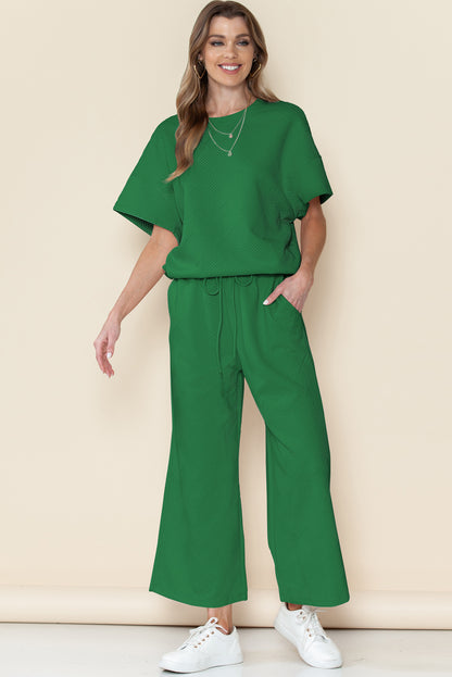 Navy Blue Textured Loose Fit T Shirt and Drawstring Pants Set - Cowaa