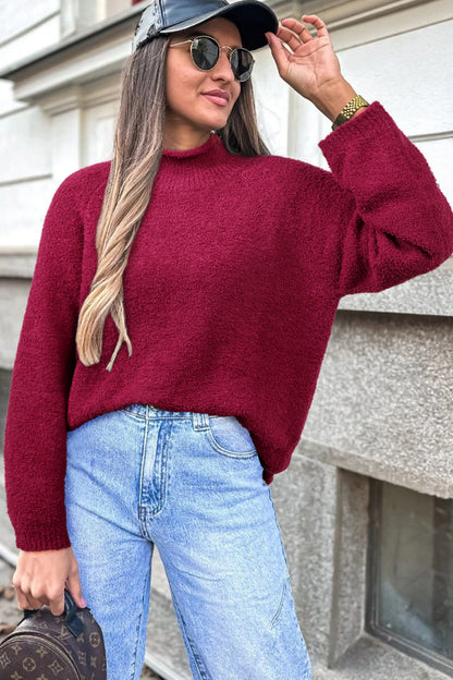 Burgundy Popcorn Mock Neck Solid Sweater - Cowaa