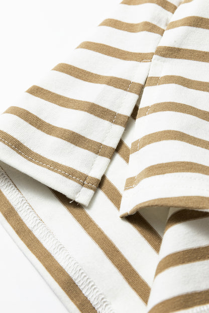 Khaki Stripe Leopard Patchwork Round Neck Loose T Shirt - Cowaa