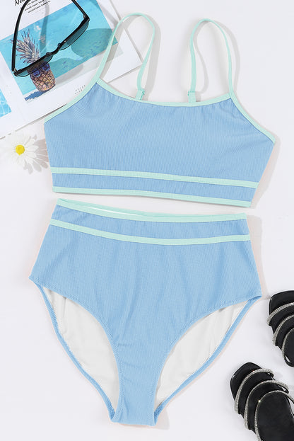 Beau Blue Stylish Ribbed Contrast Trim Spaghetti Straps 2pcs Bikini Swimsuit