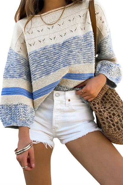 Light Blue Striped Puff Sleeve Sweater - Cowaa