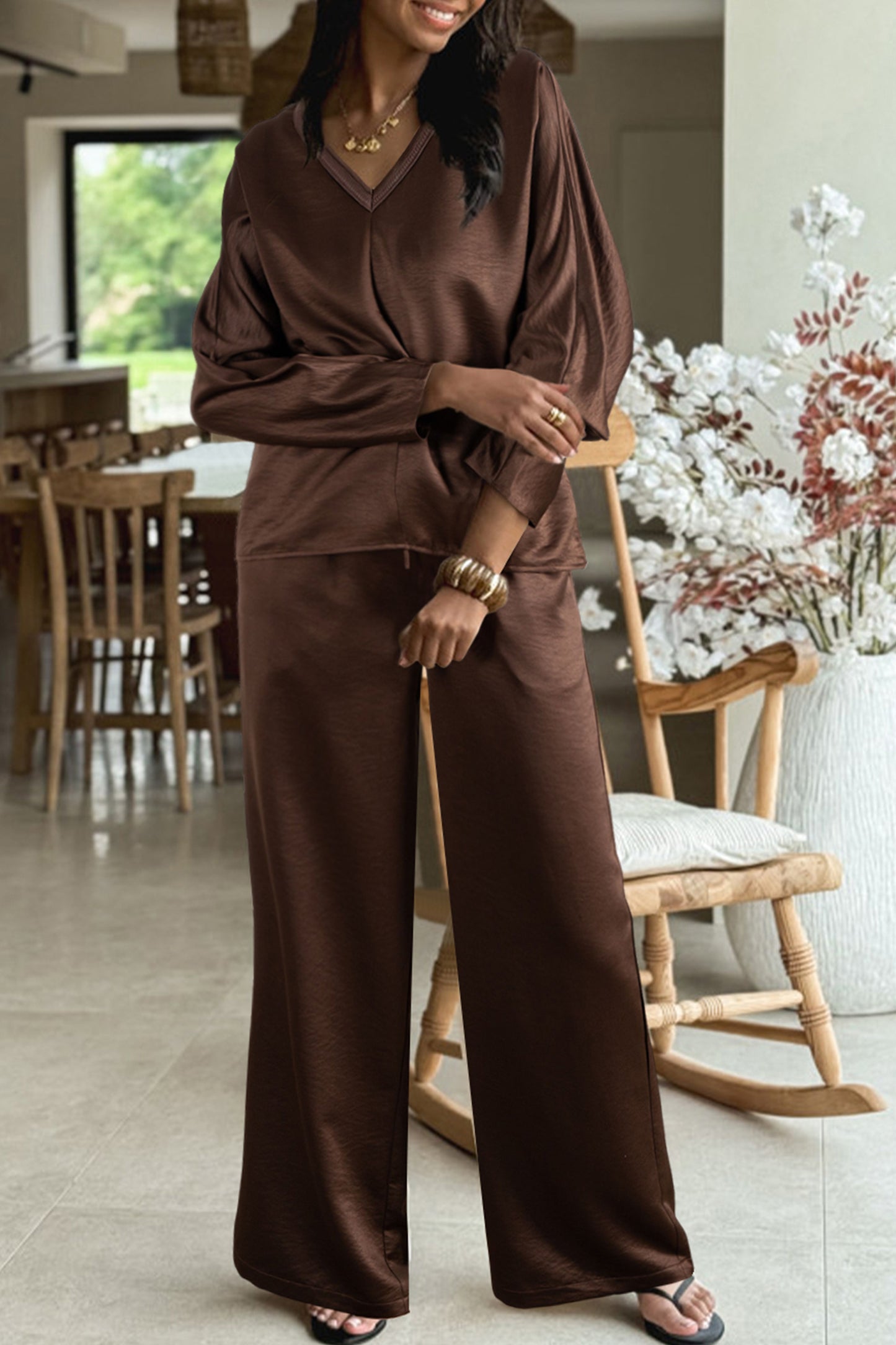 Dark Brown Braided V Neck Long Sleeve Loose Top and Drawstring High Waist Pants 2pcs Outfit - Cowaa