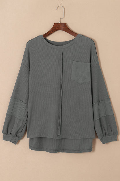 Crinkle Patchwork Long Sleeve Top - Cowaa