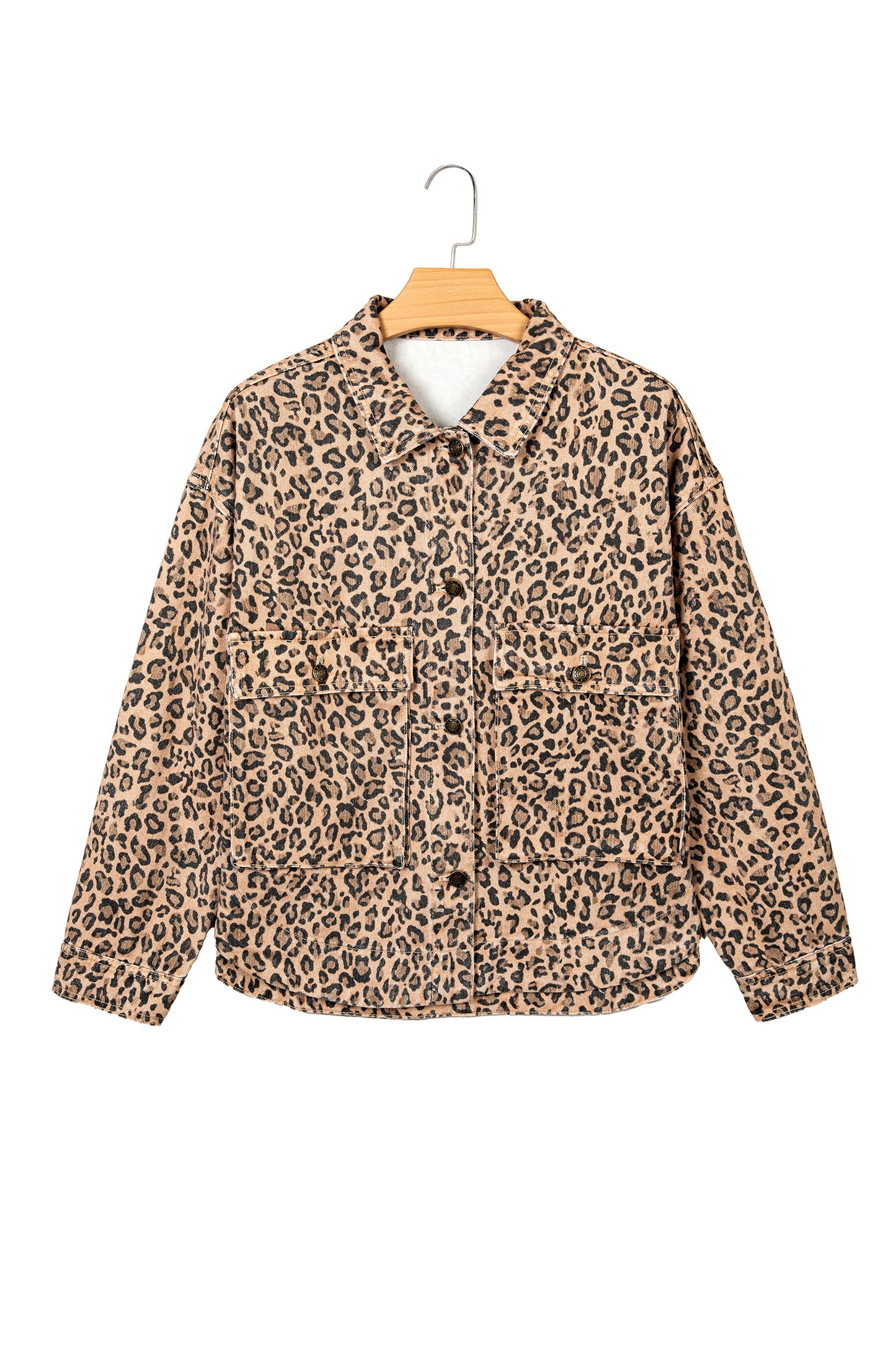 Khaki Leopard Print Collar Long Sleeve Patch Pocket Shift Denim Jacket
