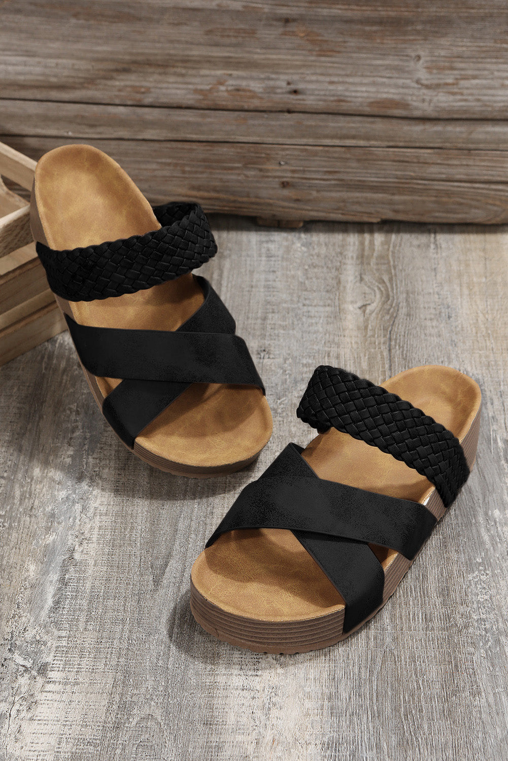 Beige Braided Detail Criss Cross Platform Sandals - Cowaa