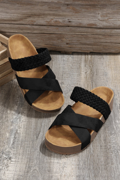Beige Braided Detail Criss Cross Platform Sandals - Cowaa