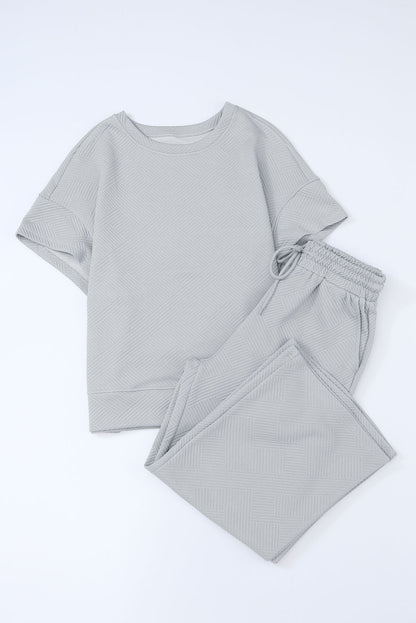 Navy Blue Textured Loose Fit T Shirt and Drawstring Pants Set - Cowaa