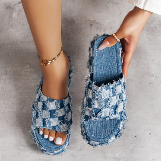 Plaid PU Leather Platform Sandals - Cowaa