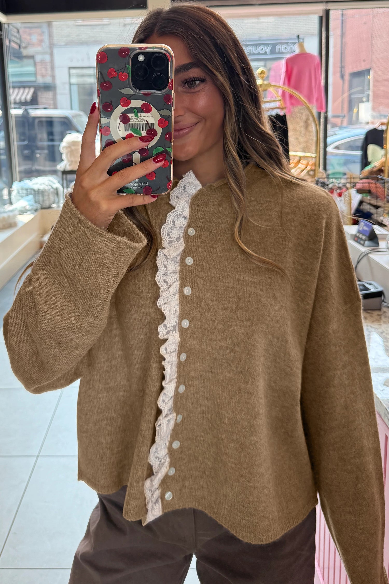 Simply Taupe Contrast Frilled Lace Trim Loose Cardigan Sweater - Cowaa