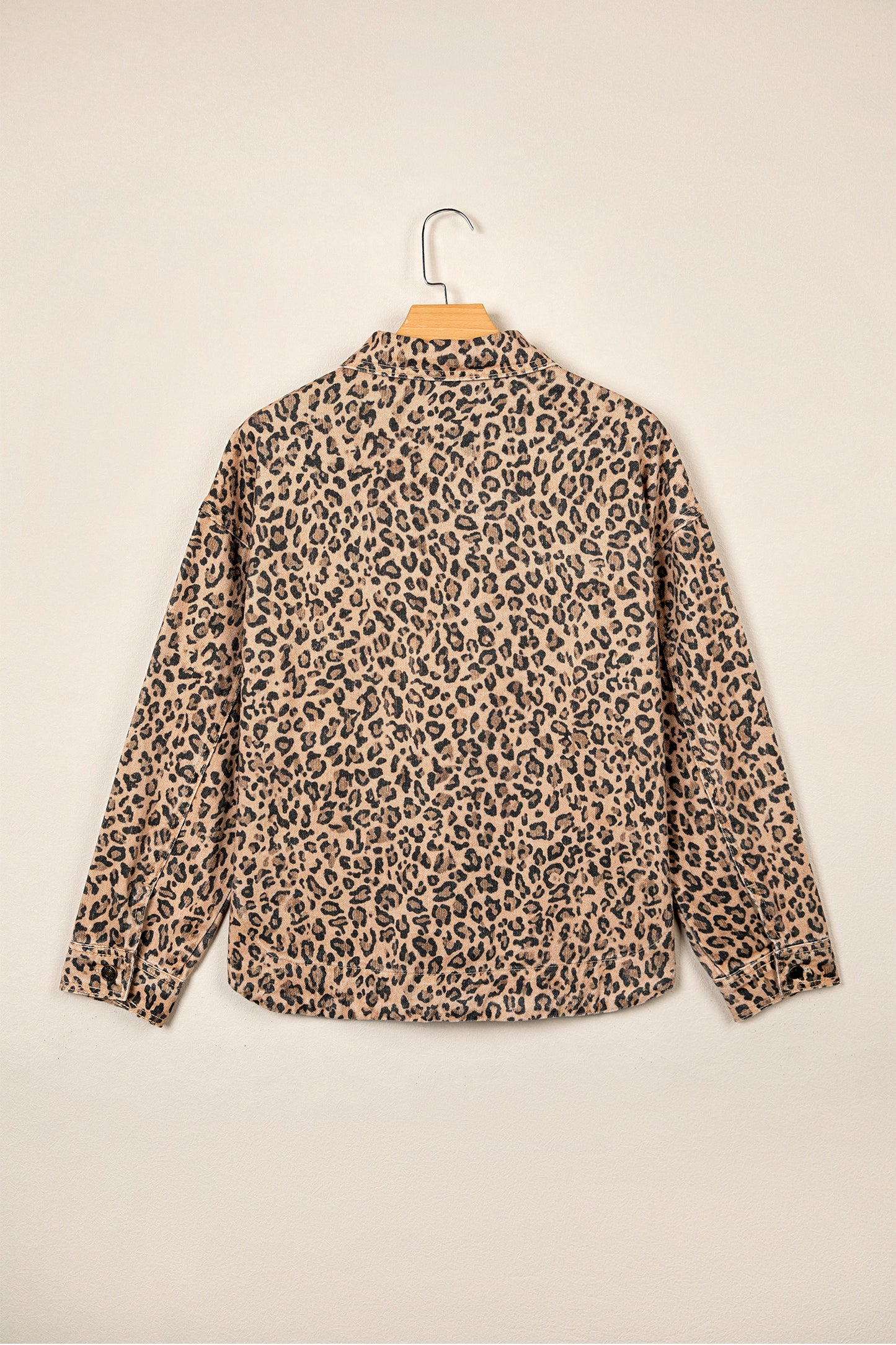 Khaki Leopard Print Collar Long Sleeve Patch Pocket Shift Denim Jacket