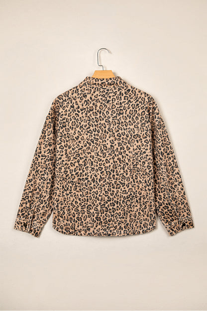 Khaki Leopard Print Collar Long Sleeve Patch Pocket Shift Denim Jacket