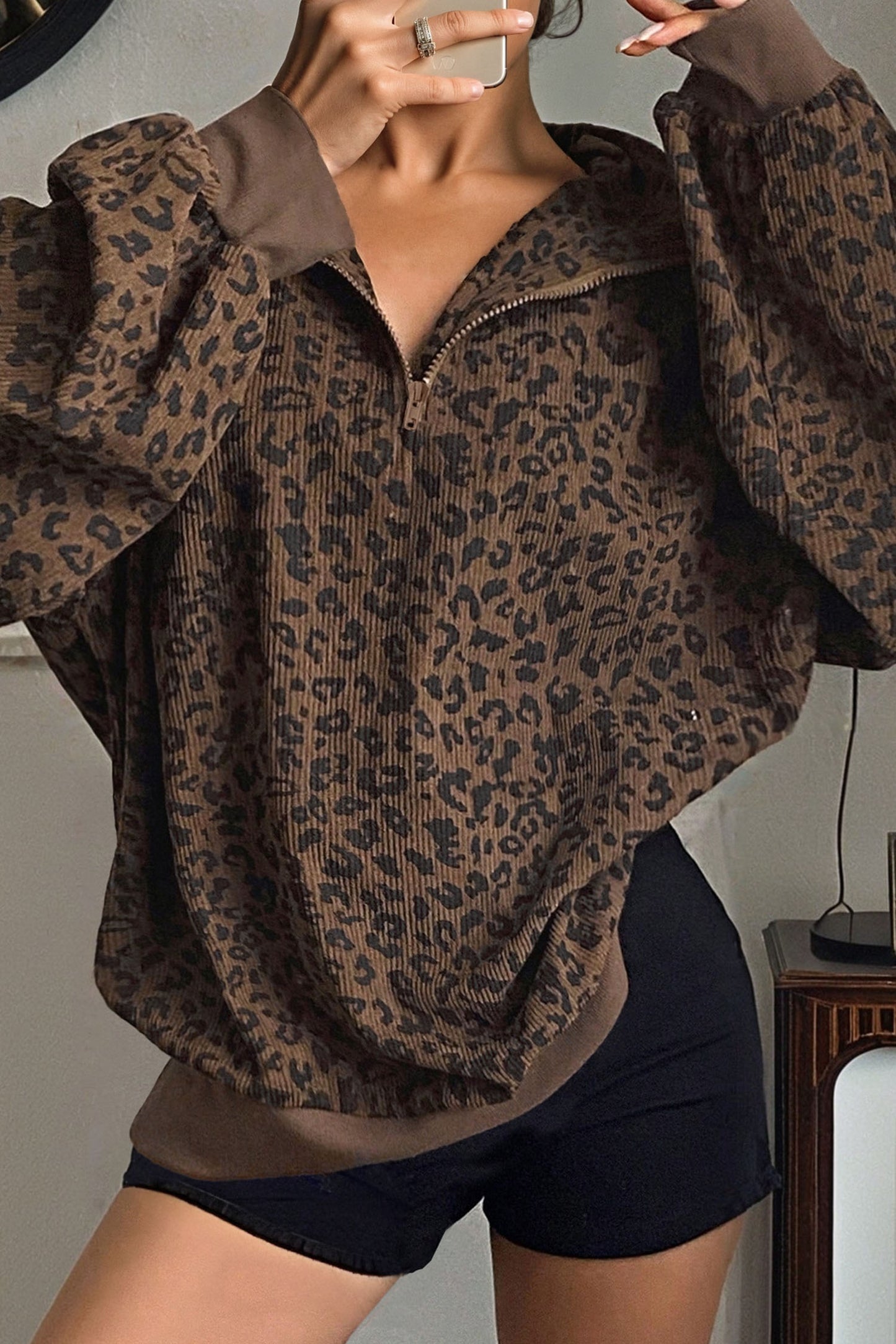Brown Leopard Print Quarter Zip Corduroy Sweatshirt - Cowaa